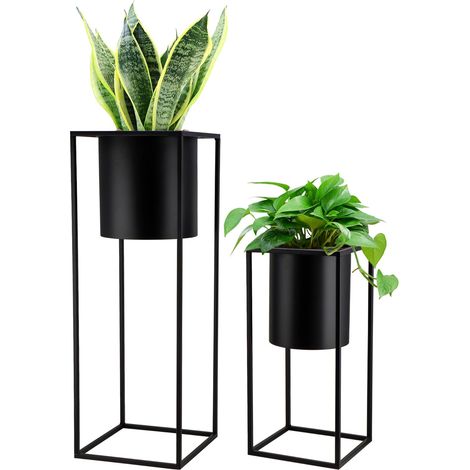 Lot de 2 grands pots de fleurs en métal avec support pour plantes d'intérieur - 71,1 et 45,7 cm de haut - Pots de fleurs pour salon, cuisine, bureau, jardin, balcon, terrasse (noir) (1/5)