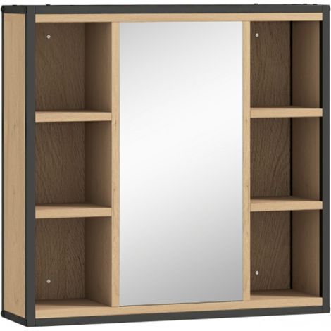 Armoire de salle de bain avec miroir, 6 compartiments ouverts, étagère à 3 niveaux, fixation murale, chêne