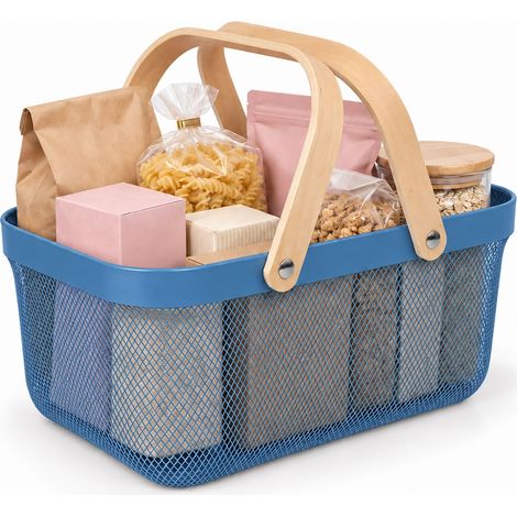 Relaxdays Wire Storage Basket with Handles, Square, Metal & Wood, HWD: 17.5 x 43 x 27cm, Dark Blue
