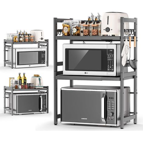 Support pour Micro Onde et Four Extensible Etagere Micro-Ondes 3 Niveaux, Support en Métal Four à Micro-étagère pour Micro-Ondes avec 8 Crochets Suspendus Meuble Micro Ondes Cuisine Rangement (1/5)