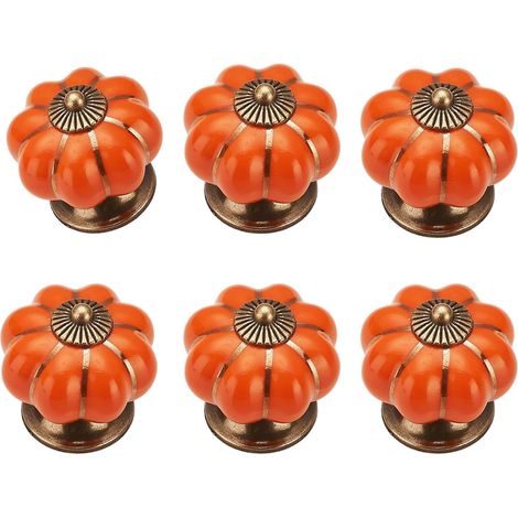 Lot de 6 boutons de meubles en céramique en forme de citrouille，Style vintage，Avec vis，Pour armoire, décoration de la maison，En alliage de zinc，Orange