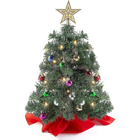 Sapin de Noël de table (socle en bois/tissu) avec lumières LED, étoile pour le sommet et décorations (1/5)
