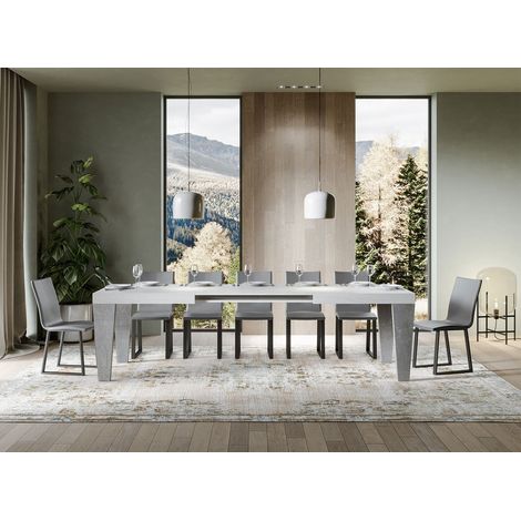 Table extensible blanche et pieds gris béton 6 à 12 personnes Kristo L 180 à 284cm 2 pieds-2 pieds (1/5)