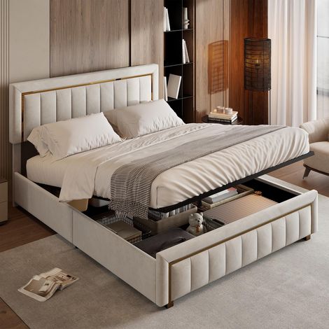 Lit coffre 140x190 cm avec sommier relevable et tête de lit capitonnée Moderne - Velours et Finition Dorée - Gris