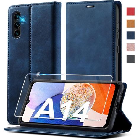 Coque portefeuille cuir pour Samsung A14 5G/4G avec béquille et porte-cartes, bleu (1/5)