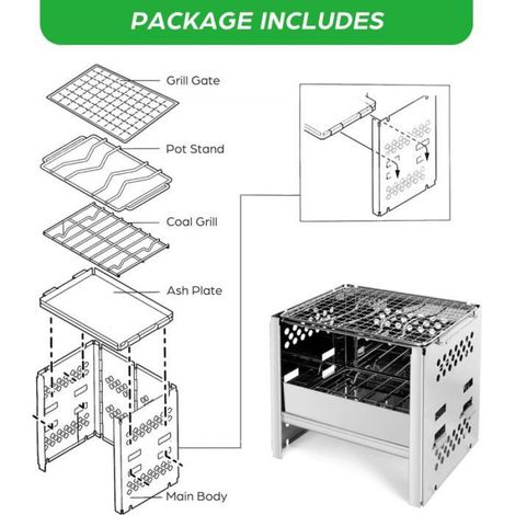 zhan-Réchaud de camping portable, réchaud à bois léger avec grille et sac de rangement, pliable, compact et durable pour barbe (1/5)