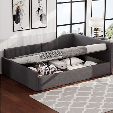 Lit banquette rembourré en lin gris 140x200 cm avec rangement sous le lit et sommier à lattes (1/5)