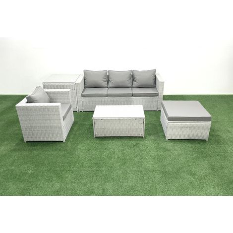 Fimous 5 Pièces Salon de jardin Canapé de jardin avec Fauteuil Table basse Table d'appoint Grand tabouret Gris clair mixte (1/5)