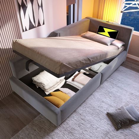 Tagesbett 90x200 Grau Samt mit hydraulischem Stauraum, Schlafsofa mit USB-C Ladefunktion und Leselampe, Polsterbett Jugendbett mit Lattenrost (1/5)