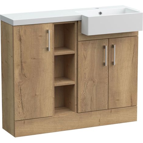 Wichnor Floor Standing Compact 3 Door Combination Vanity Basin Unit with Open Shelves and Basin, 1000mm, Right Hand, Autumn Oak