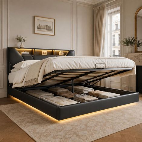 Stauraumbett 140x200 cm mit RGB-LED und USB-Ladeanschlüssen, Schwebebett mit Stauraum-Kopfteil, PU-Kunstleder, Lattenrost, Schwarz (1/5)