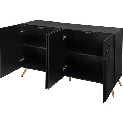 Buffet noir style mid-century en bois composite avec portes cintrées et pieds métalliques dorés (1/5)