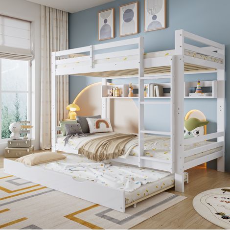 Etagenbett Kinder 90x200 cm Weiß aus Kiefer, MDF und Sperrholz, mit Ausziehbett, Leiter und 2-m-Regal (1/5)