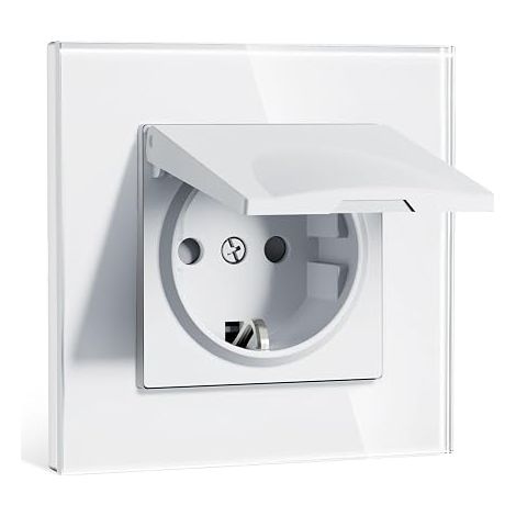 Recessed Socket, 16A Wall Socket with Glass Frame, with Waterproof Cover, Folding Claws, Type F with Earth, 1 Way 86 x 86 mm White (1/4)
