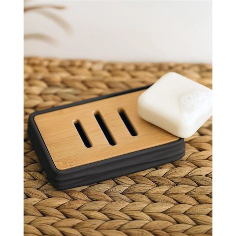 Portasapone in plastica ABS e bamboo nero Alabama (1/2)