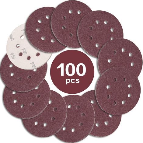100 Sanding Discs 125mm, Grit 80, 8 Holes, Aluminum Oxide, For Random Orbital Sanders (1/5)