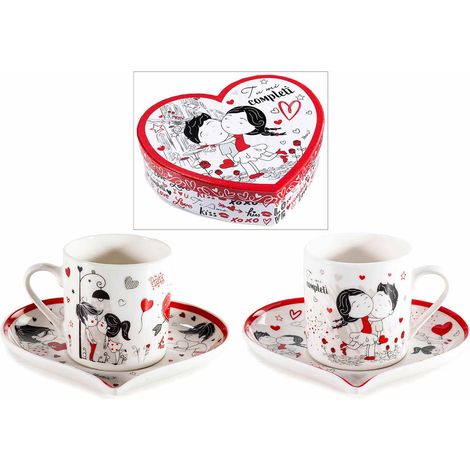 Set in porcellana tazzine da caffè con decorazione coppia di innamorati e piattino a forma di cuore, set da 2 pezzi, Tazzina: Ø 5,5 cm x 6 H