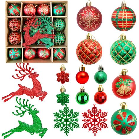 (MJBK003 [Motif rennes rouges et verts]) Décoration de Noël : boule en plastique électroplaqué, flocons de neige et rennes, avec pendentif. (1/2)