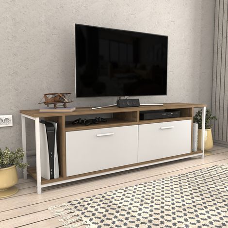 Decorotika Omar 160 Cm Wide Meuble TV TV Console Meuble TV With Open Shelves And Cabinets For Living Room Hallway - Walnut And Blanc (1/5)