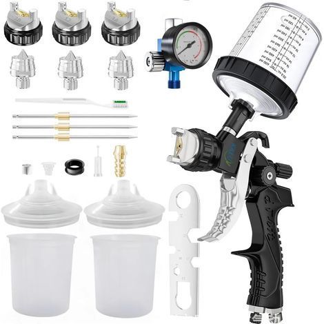 Pistolet Pulvérisateur de Peinture avec Buses de 1,4/1,7/2,0mm et Régulateur d'air, Kit de Pistolet de Pulvérisation de Voiture avec Godet de 600 ML et Autres Accessoires de Pulvérisation (1/5)