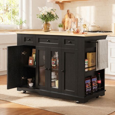 Mueble de cocina isla central 151,5 x 60 x 91,7 cm, tablero abatible efecto madera, negro HAVRYA (1/5)