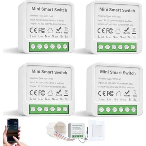 Interruptores inteligentes, juego de 4 interruptores WiFi, interruptor inteligente de 2 vías compatible con Alexa Echo, Google Home, Smart Life y Tuya, se instala detrás de los interruptores de pared, (1/5)