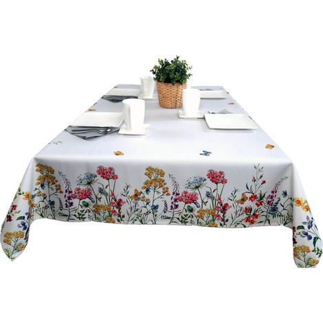Nappe blanche à fleurs colorées 130 x 180 cm, résistante aux taches, couleurs vives (1/5)