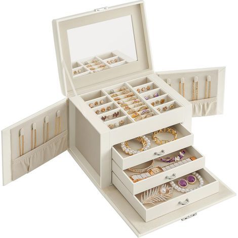 Boîte à Bijoux 4 Niveaux, Cadeau Noel, Écrin à Accessoires, Coffre, avec Poignées, 3 Tiroirs, Miroir, Serrure, Surface Blanc Nuage, Doublure Blanc Crème (1/5)