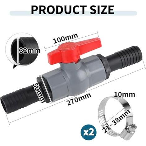 Vanne à bille avec raccord de tuyau, vanne d'arrêt en PVC, 1 1/4 (40 mm), 2 buses pour tuyaux de 32 mm (1/5)