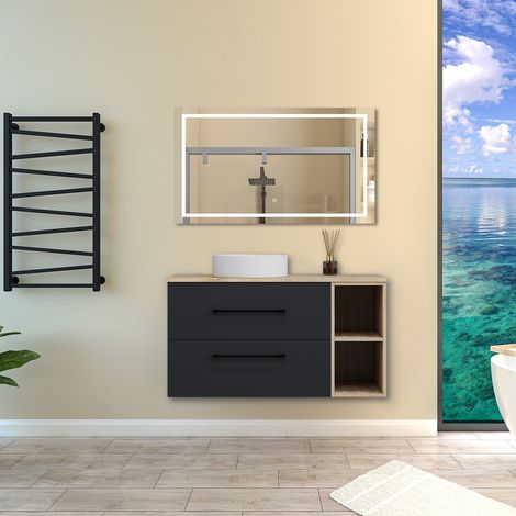 Aica Ensemble meuble de Salle de Bain Suspendu avec Vasque + 2 Rangements Ouverts, 100x46x52cm, Miroir Tricolore et Dimmable