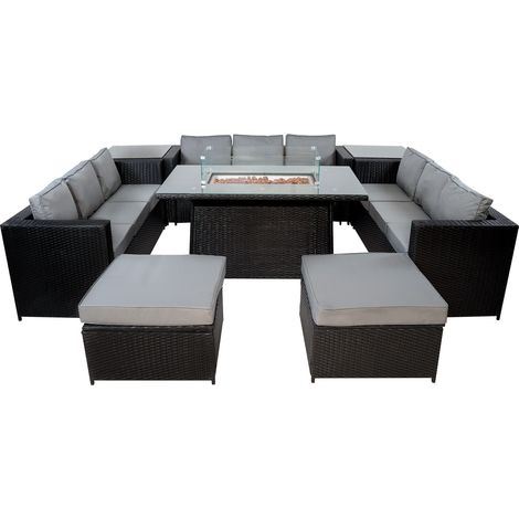 Rattan Gartenmöbel 11-Sitzer Schwarz Sofa Hocker Gas Feuerstellen