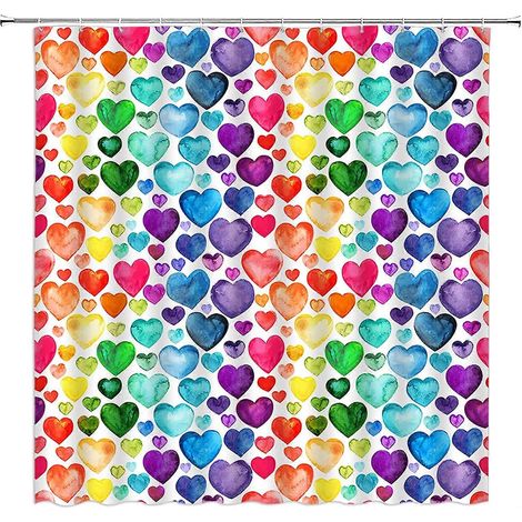 Rideau de douche en tissu avec crochets, motif cœurs colorés aquarelle pour la Saint-Valentin, idéal pour une soirée romantique avec un couple. (1/5)