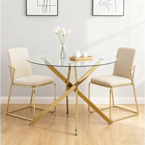 Runder Esstisch Glas und Metall Gold 80x80x76 cm, für 2–4 Personen (1/5)