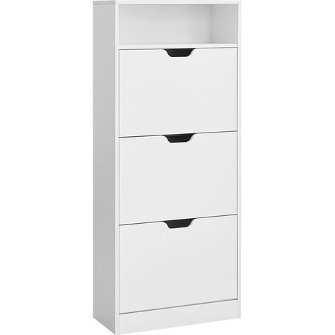 Vasagle – Meuble à chaussures 3 portes battantes – Compartiment ouvert – Séparateur réglable – Capacité 14 à 18 paires – Dimensions 24 x 60 x 130 cm – Blanc nuage