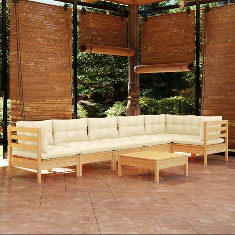 Salon de jardin 7 pcs,Mobilier de terrasse,Table et Chaise pour Relax avec coussins crème Bois de pin -YZ645443 (1/5)
