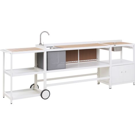 Conjunto de cocina exterior de 3 piezas armario de aluminio isla de cocina fregadero cubitera carrito de jardín blanco Ortisei