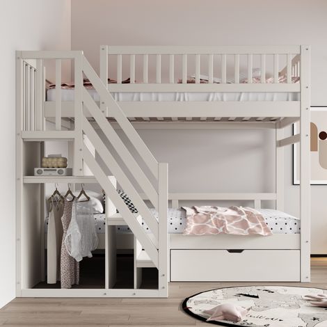 Lit superposé en bois massif 90x200 cm, barrière haute, sommier lattes, échelle sécurisée avec tiroirs, rangement intégré, lit pour enfant et ado, blanc (1/5)