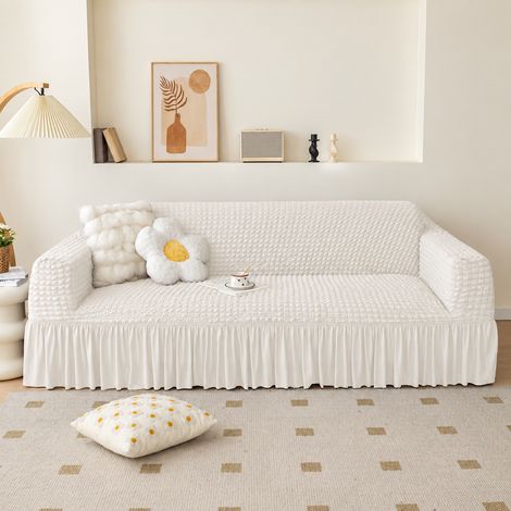Housse Canapé 4 places XL (235-300 cm) Modèle à Jupe Blanc Cire Uni Extensible Gaufré 28 × 28 × 20 cm 1,29 kg – Livraison gratuite