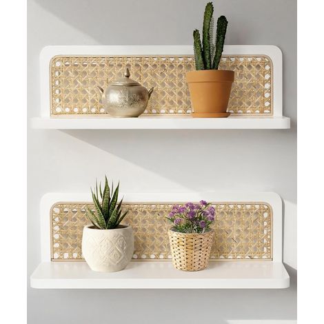 Étagère Murale Blanche Boho 2 Set, Étagères Murales en Rotin, Décoration Murale Rustique Moderne en Bois, Étagères de Rangement Murales pour Salon, Chambre d’Enfant, Chambre à Coucher (1/5)