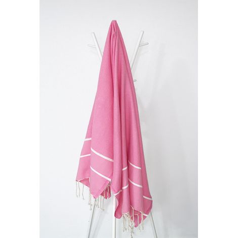 Fouta 100x200 fuchsia rayures blanches - 100% coton - franges (1/4)