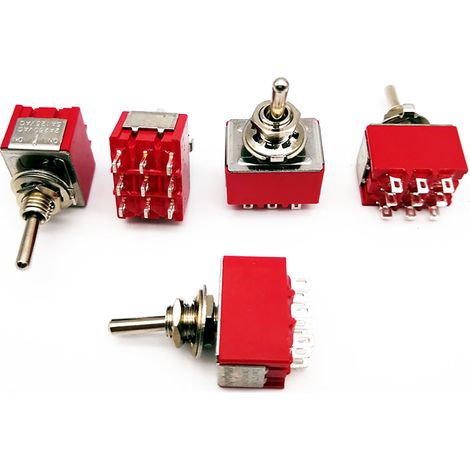 Interruptor basculante MTS-303 — 13 x 16,8 mm — Rojo, 9 pines, 3 posiciones — Contactos plateados — 120 V/5 A 250 V/2 A [Paquete de 5]