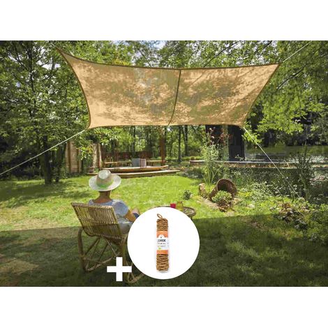 Voile d'ombrage Naturelle Jute Rectangulaire 3 x 2 m + 1 corde fibre de coco 12 m - Jardiline