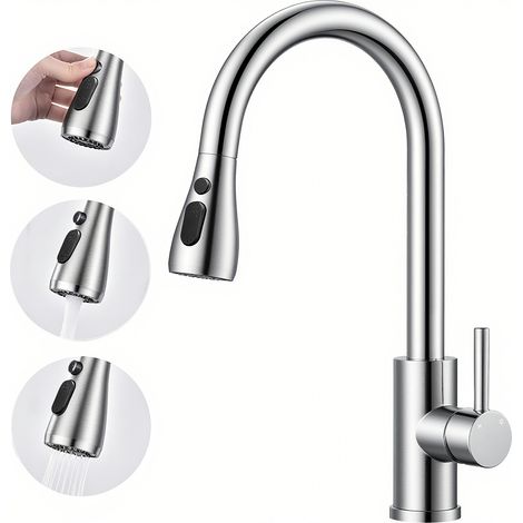AICA Ausziehbare Küchenarmatur 3 Modi - 360° Drehbare Einhand-Mischbatterie, Spültisch Wasserhahn, Gebürstet