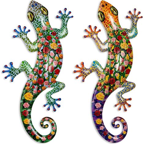 2 pièces de métal gecko décoration murale lézard jardin art couleur sculpture suspendue pour intérieur extérieur patio clôture (motif de fleurs) (1/5)