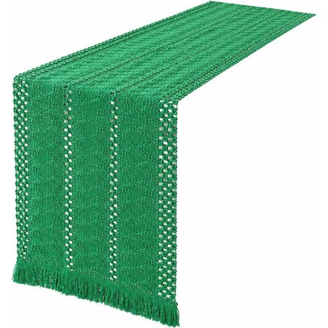 Chemin de table rétro japonais en coton et lin, nappe à rayures pour table basse, Noël, 30 cm de large (la largeur dépend de la couleur) x longueur 160 cm (pompons inclus) - Trois rangées - vert (30 c (1/4)