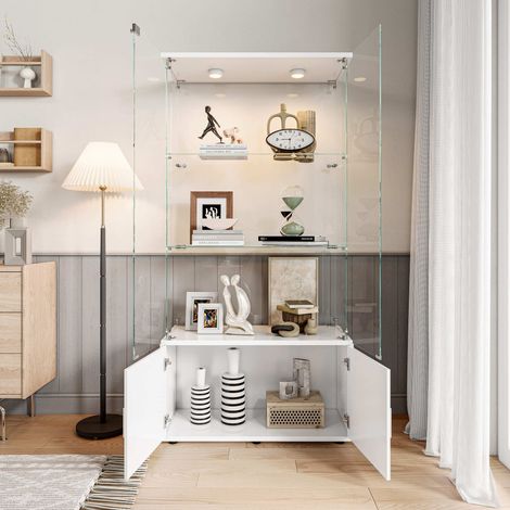 Vitrines en verre, 4 étagères et 4 portes, Vitrine avec Lumières LED, Verre Trempé, Avec armoire de rangement, 164x78.51x35cm, Blanc