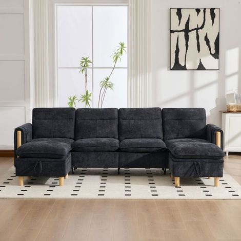 Canapé Modulable forme U deux poufs de rangement pieds de table en bois revêtement en tissu chenille noir assise confortable (1/5)