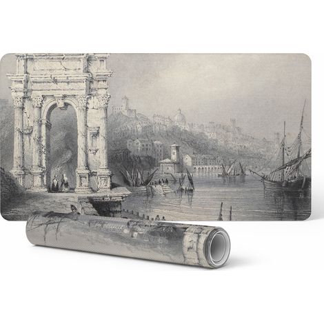 Alfombrilla protectora de vinilo para negocios y oficinas. Dise帽o de puerta y puerto antiguos. 120x60 cm.