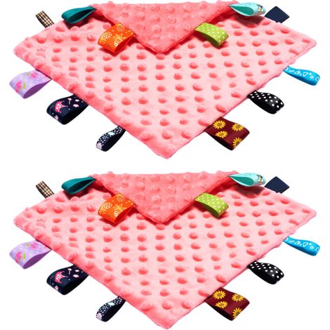 2 couverture de sécurité pour bébé, 25 x 25 cm, coton doux, étiquettes colorées, jouet sensoriel, apaisant, pour bébés dès 3 mois (1/5)