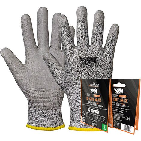 GUANTI DA LAVORO ANTITAGLIO "D CUT MIX" NYLON SPALMATO PU GRIGIO 12PAIA M-XL MED, "M" (1/5)
